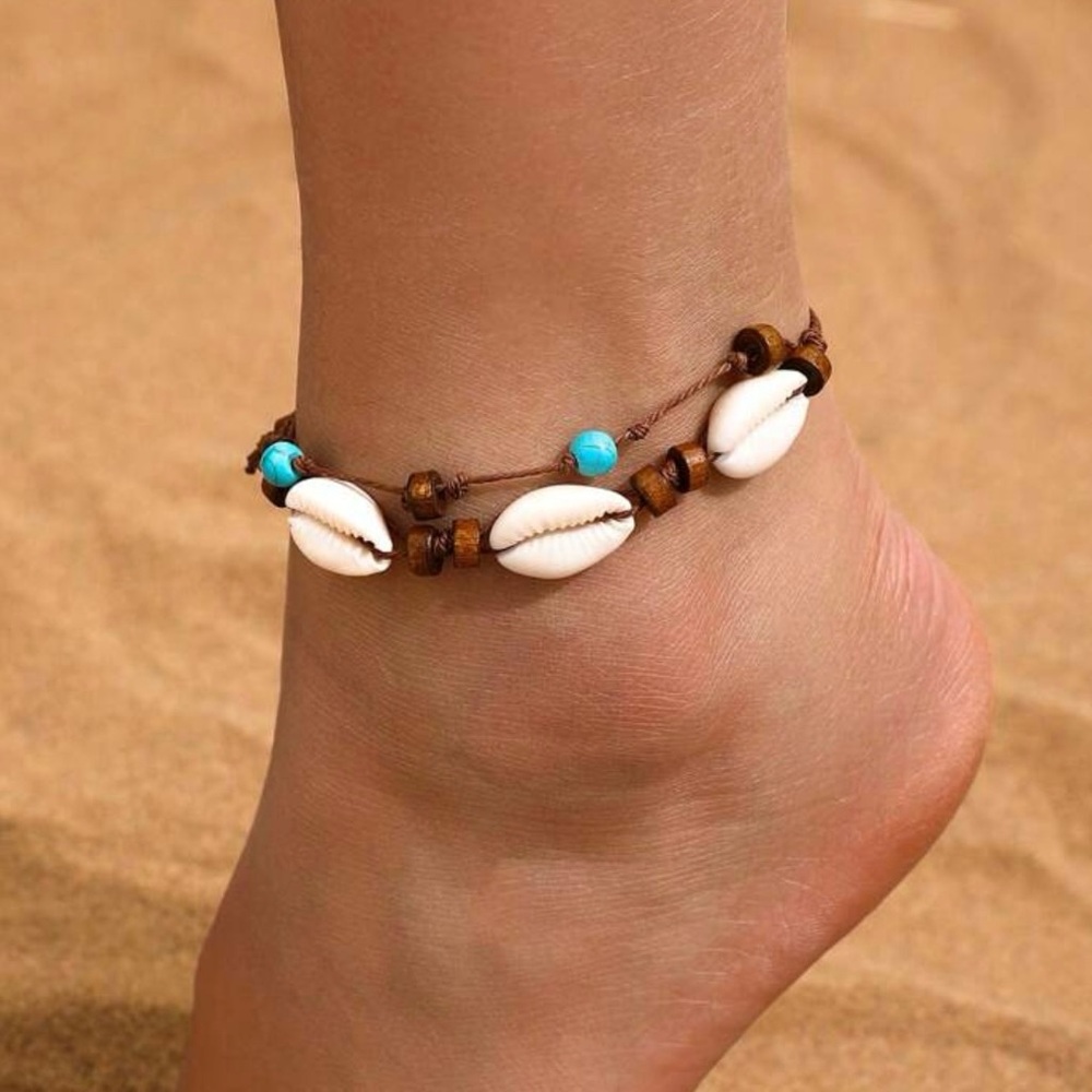 Double Layered Beachy Cowry Shell Anklet w/ Wooden & Blue Turquoise Color Beads